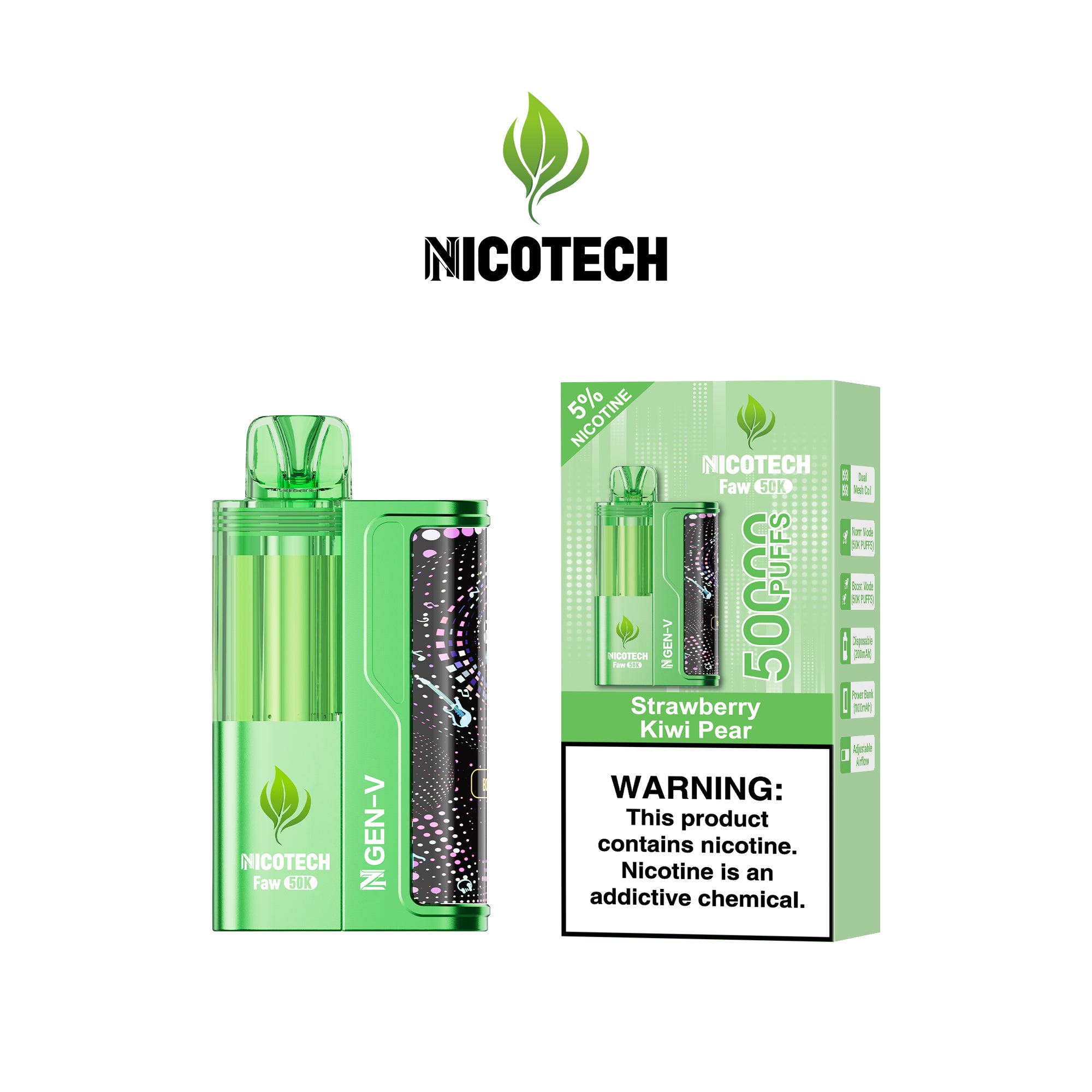 Nicotech Faw 50K Puff Kit Strawberry Kiwi Pear 5% Nicotine