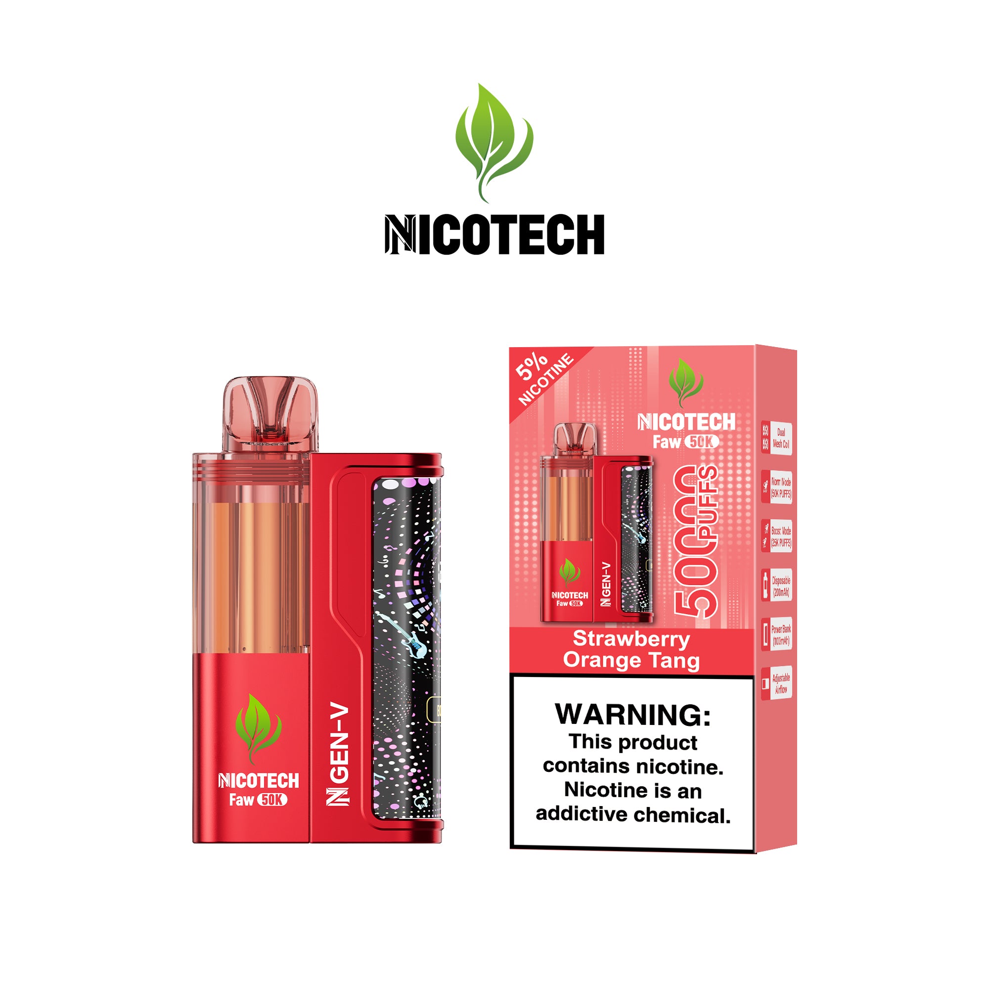 Nicotech Faw 50K Puff Kit Strawberry Orange Tang 5% Nicotine