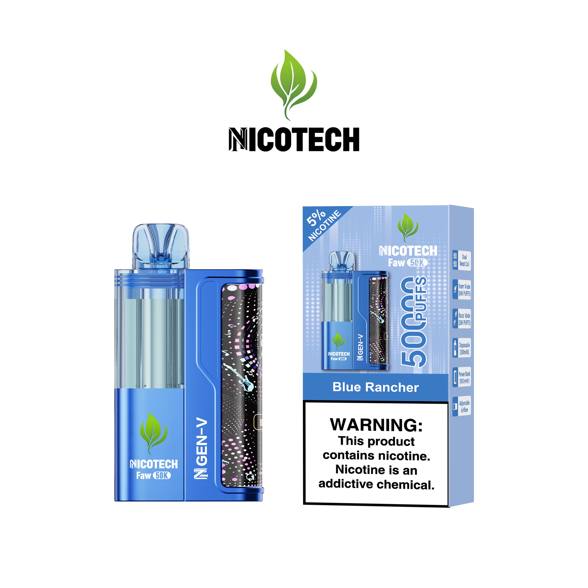 Nicotech Faw 50K Puff Kit Blue Rancher 5% Nicotine