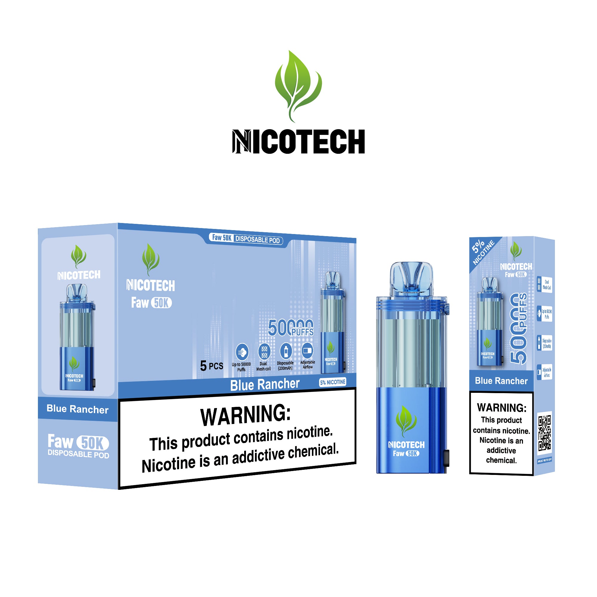 Nicotech Faw 50K Puff Pod Only Blue Rancher 5% Nicotine