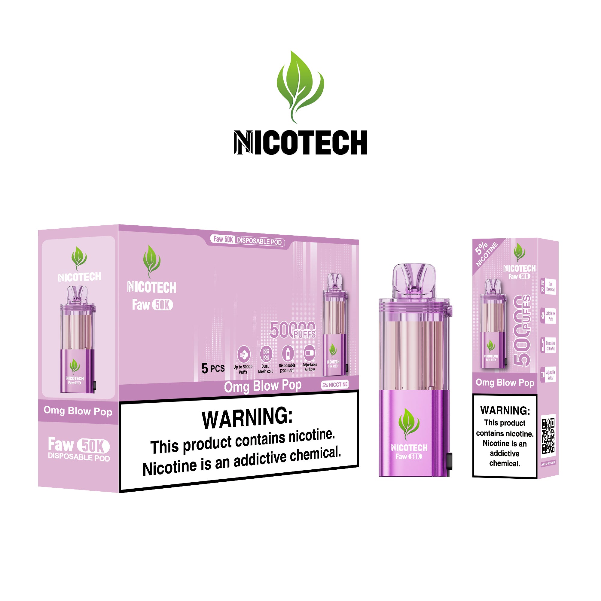 Nicotech Faw 50K Puff Pod Only Omg Blow Pop 5% Nicotine