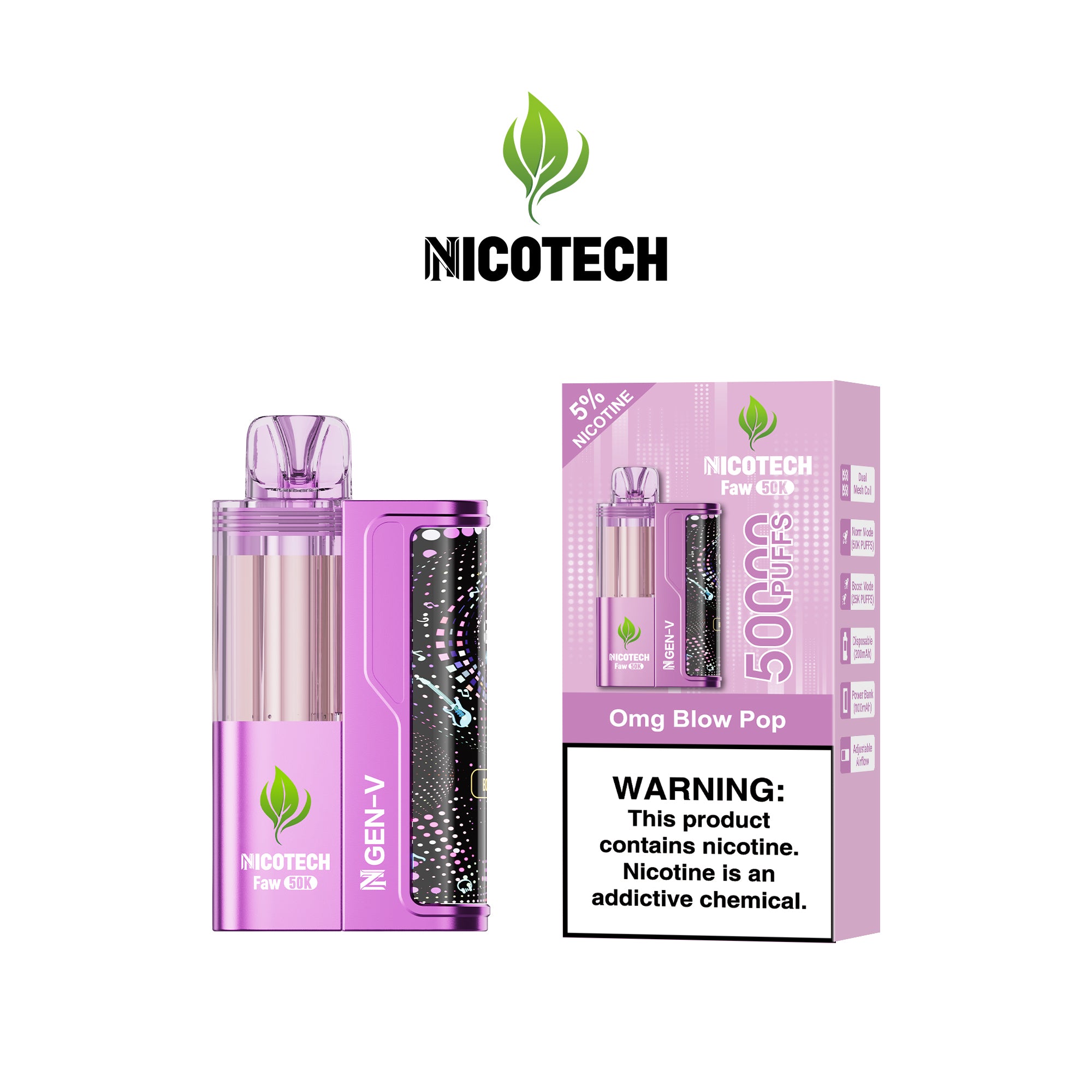 Nicotech Faw 50K Puff Kit Omg Blow Pop  5% Nicotine