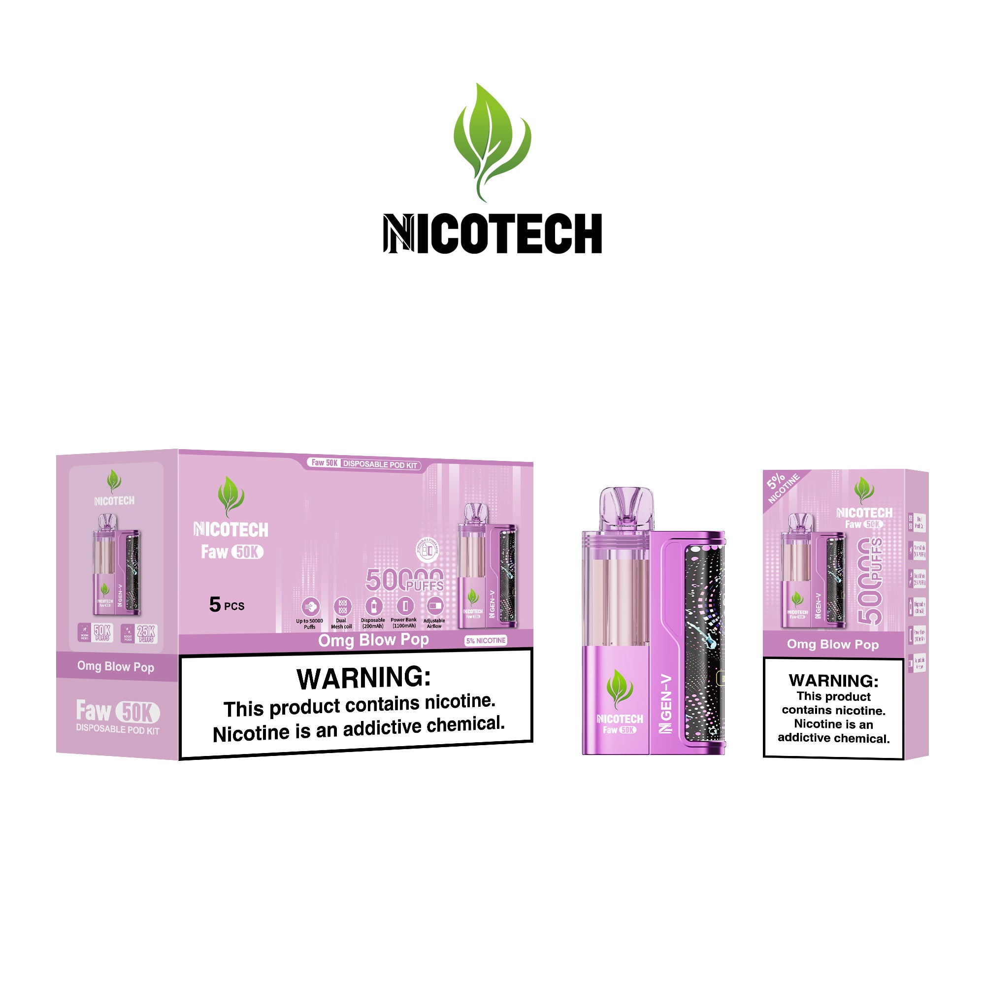Nicotech Faw 50K Puff Kit Omg Blow Pop  5% Nicotine
