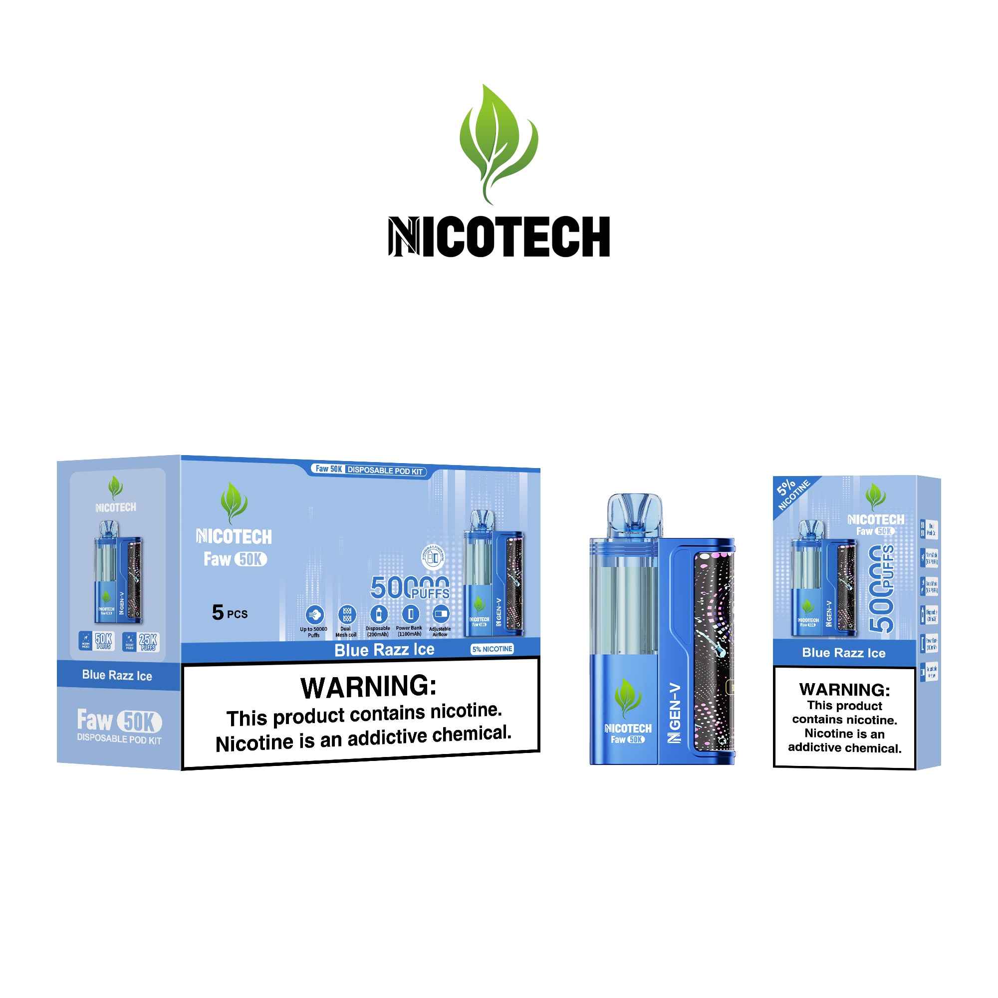 Nicotech Faw 50K Puff Kit Blue Raz Ice 5% Nicotine