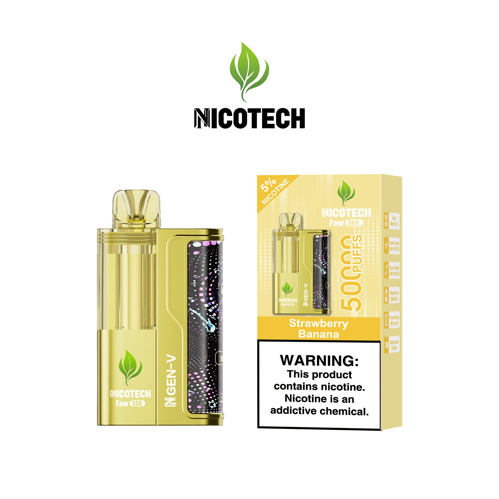 Nicotech Faw 50K Puff Kit Strawberry Banana Ice 5% Nicotine