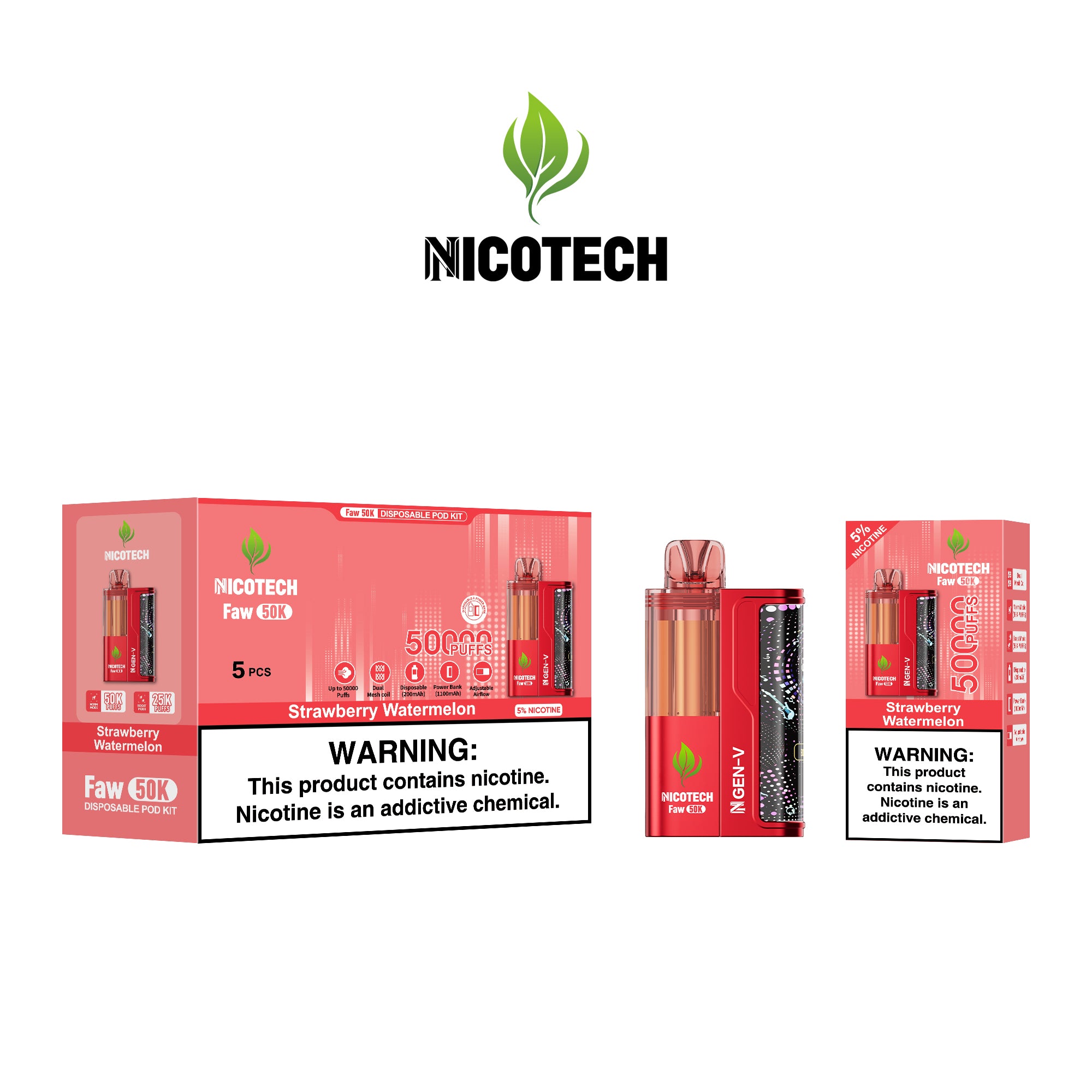 Nicotech Faw 50K Puff Kit Strawberry Watermelon Ice 5% Nicotine