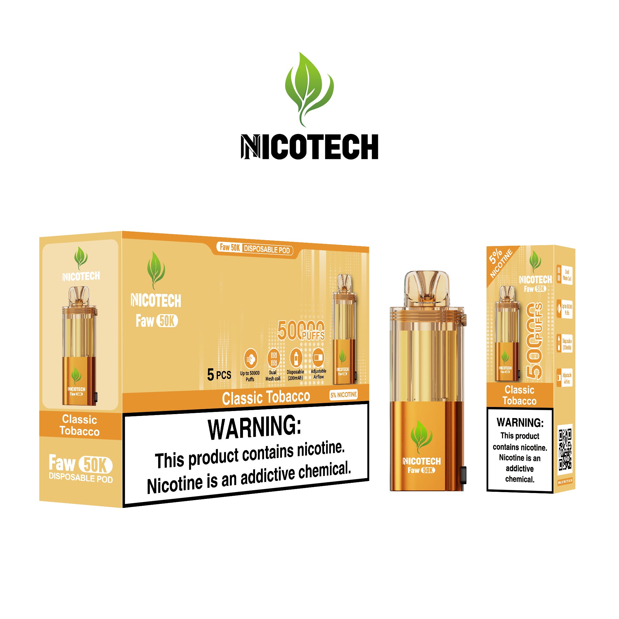 Nicotech Faw 50K Puff Pod Only Classic Tobacco 5% Nicotine