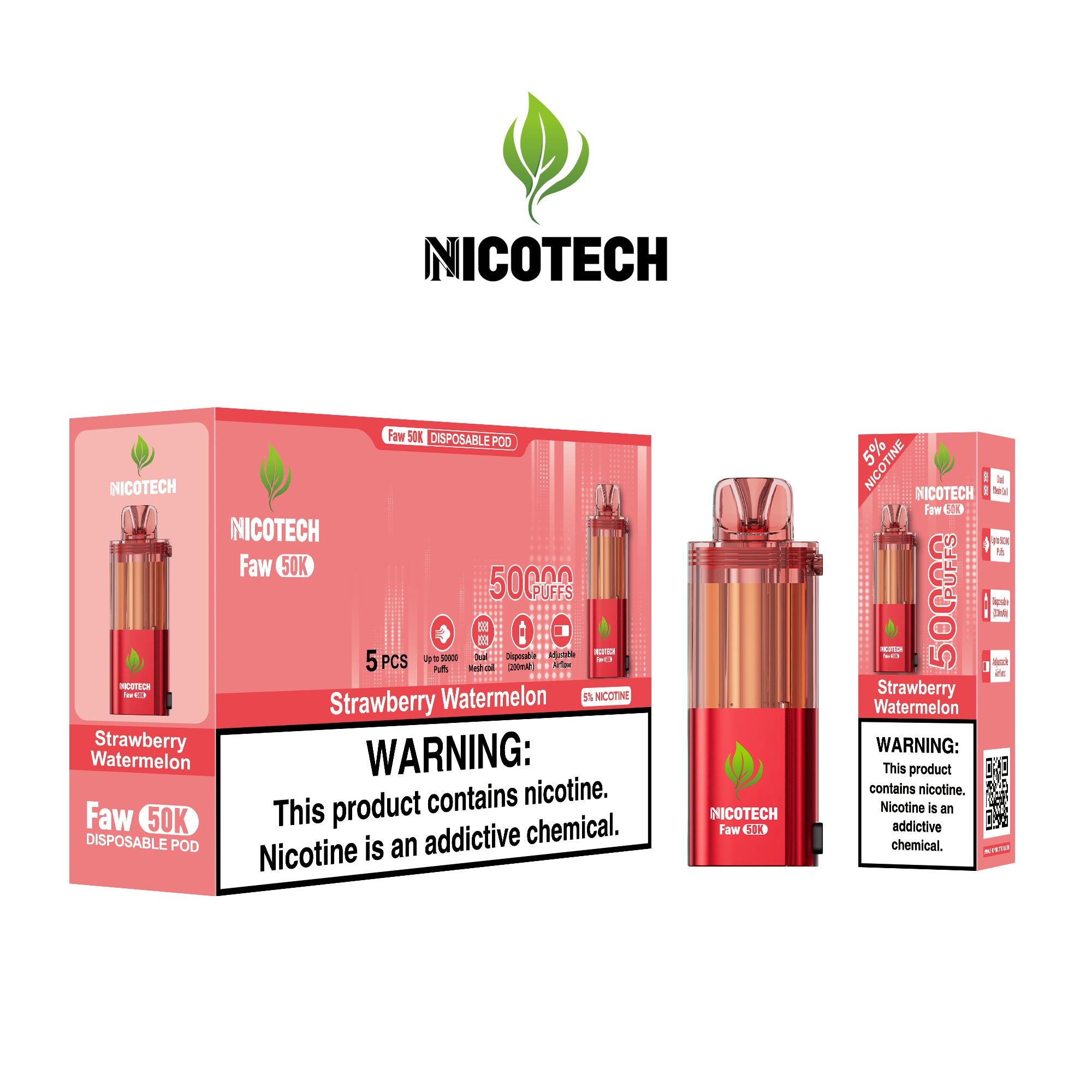 Nicotech Faw 50K Puff Pod Only Strawberry Watermelon Ice 5% Nicotine